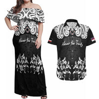 Aotearoa Waitangi Day - Toitu Te Tiriti Couples Matching Off Shoulder Maxi Dress and Hawaiian Shirt New Zealand Honour the Treaty LT03 Black - Polynesian Pride