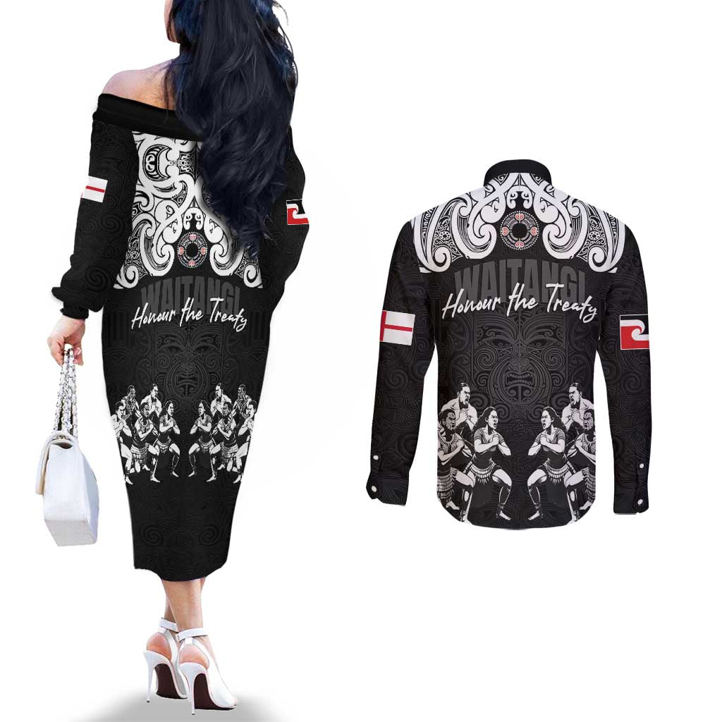 Aotearoa Waitangi Day - Toitu Te Tiriti Couples Matching Off The Shoulder Long Sleeve Dress and Long Sleeve Button Shirt New Zealand Honour the Treaty LT03 - Polynesian Pride