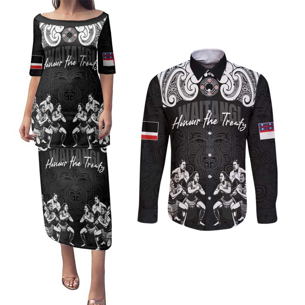 Aotearoa Waitangi Day - Toitu Te Tiriti Couples Matching Puletasi and Long Sleeve Button Shirt New Zealand Honour the Treaty LT03 Black - Polynesian Pride