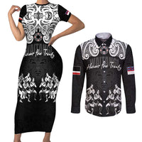 Aotearoa Waitangi Day - Toitu Te Tiriti Couples Matching Short Sleeve Bodycon Dress and Long Sleeve Button Shirt New Zealand Honour the Treaty LT03 Black - Polynesian Pride