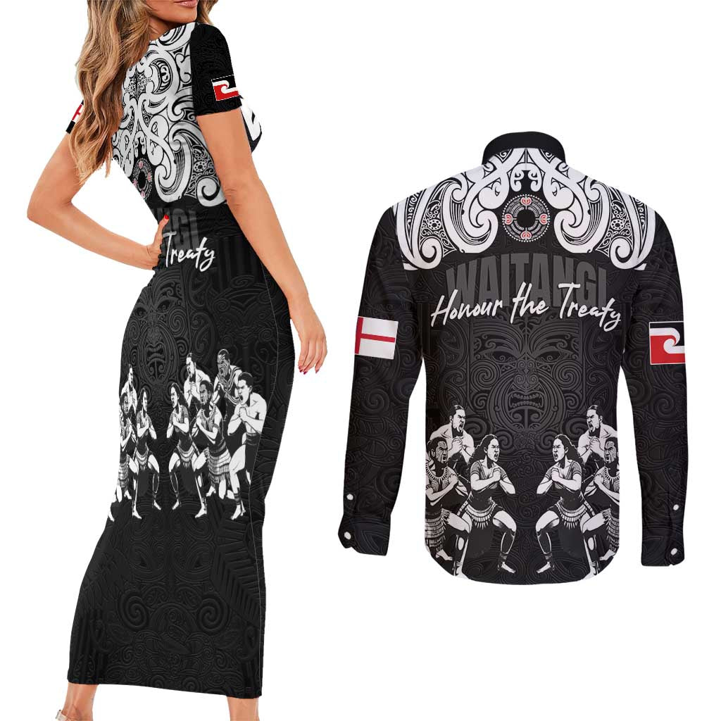 Aotearoa Waitangi Day - Toitu Te Tiriti Couples Matching Short Sleeve Bodycon Dress and Long Sleeve Button Shirt New Zealand Honour the Treaty LT03 - Polynesian Pride