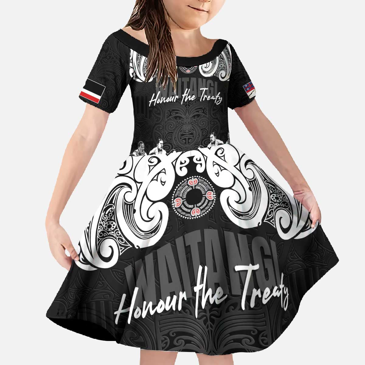 Aotearoa Waitangi Day - Toitu Te Tiriti Family Matching Off The Shoulder Long Sleeve Dress and Hawaiian Shirt New Zealand Honour the Treaty LT03 Daughter's Dress Black - Polynesian Pride
