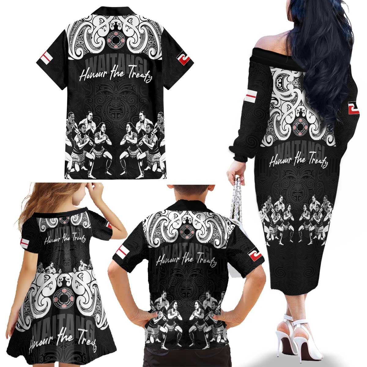 Aotearoa Waitangi Day - Toitu Te Tiriti Family Matching Off The Shoulder Long Sleeve Dress and Hawaiian Shirt New Zealand Honour the Treaty LT03 - Polynesian Pride
