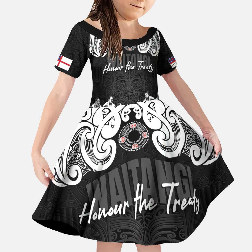 Aotearoa Waitangi Day - Toitu Te Tiriti Family Matching Off Shoulder Maxi Dress and Hawaiian Shirt New Zealand Honour the Treaty LT03 Daughter's Dress Black - Polynesian Pride