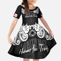Aotearoa Waitangi Day - Toitu Te Tiriti Family Matching Off Shoulder Maxi Dress and Hawaiian Shirt New Zealand Honour the Treaty LT03 Daughter's Dress Black - Polynesian Pride