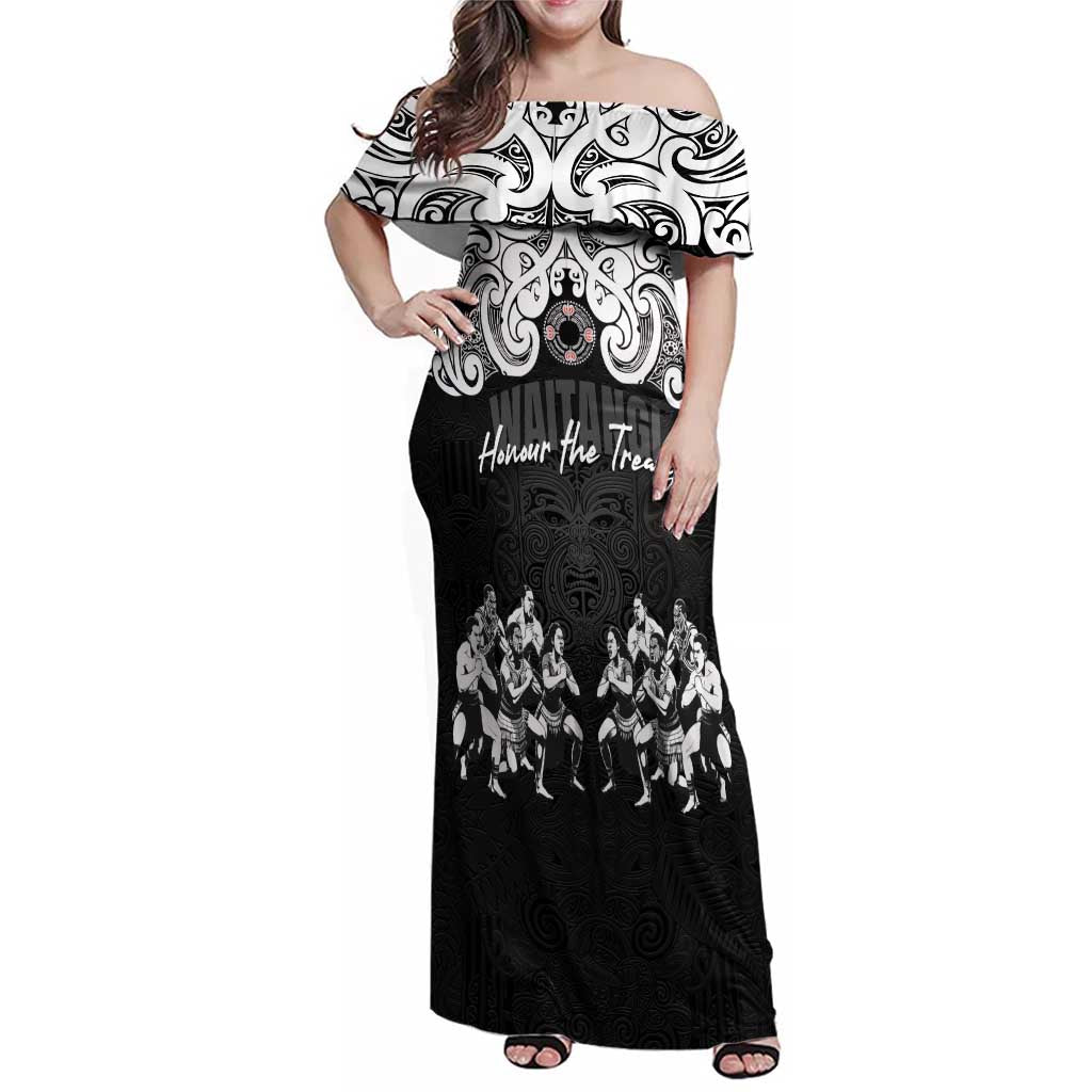 Aotearoa Waitangi Day - Toitu Te Tiriti Family Matching Off Shoulder Maxi Dress and Hawaiian Shirt New Zealand Honour the Treaty LT03 Mom's Dress Black - Polynesian Pride
