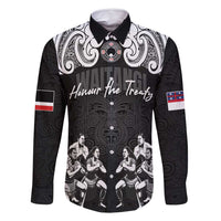 Aotearoa Waitangi Day - Toitu Te Tiriti Family Matching Off Shoulder Short Dress and Hawaiian Shirt New Zealand Honour the Treaty LT03 Dad's Shirt - Long Sleeve Black - Polynesian Pride