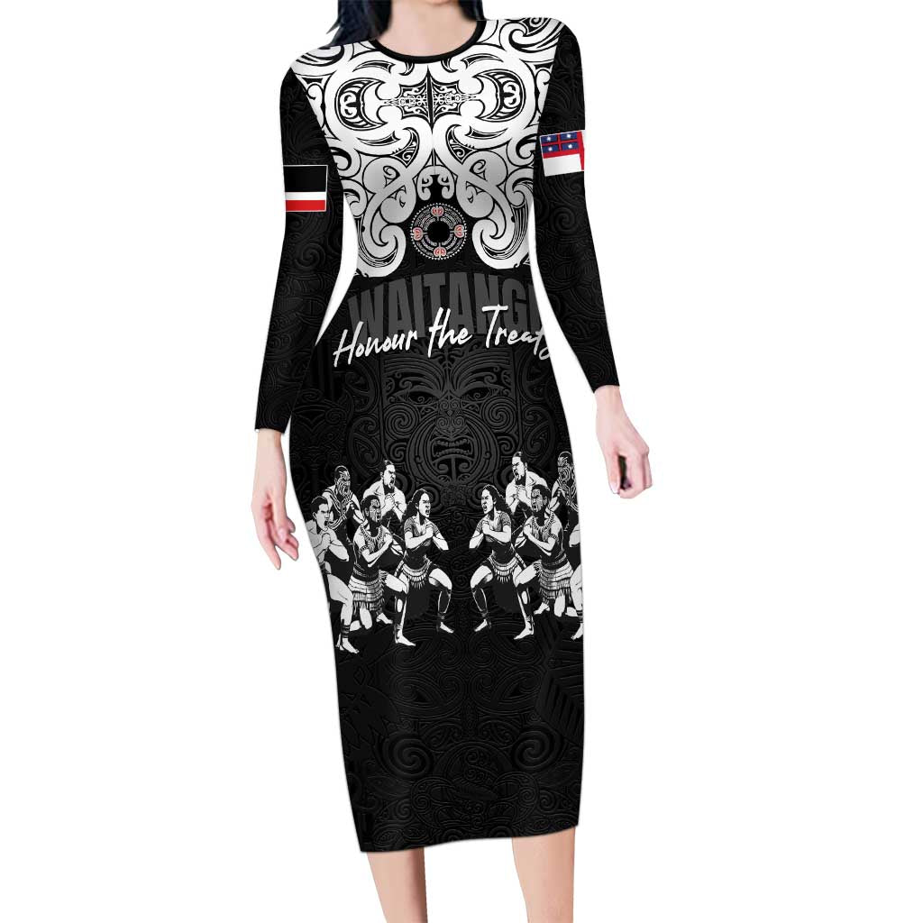 Aotearoa Waitangi Day - Toitu Te Tiriti Long Sleeve Bodycon Dress New Zealand Honour the Treaty LT03 Long Dress Black - Polynesian Pride