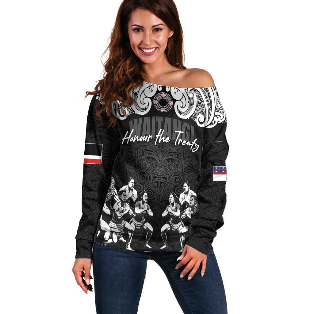 Aotearoa Waitangi Day - Toitu Te Tiriti Off Shoulder Sweater New Zealand Honour the Treaty LT03 Women Black - Polynesian Pride