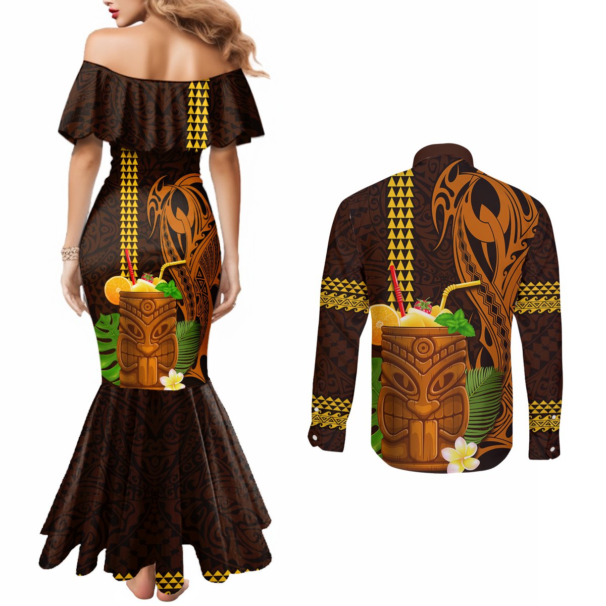 Hawaii Tiki Mask Cocktail Couples Matching Mermaid Dress and Long Sleeve Button Shirt Kakau Tattoo LT03 - Polynesian Pride