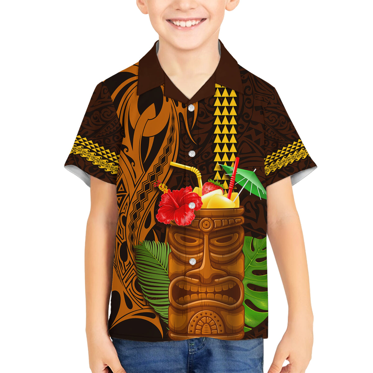 Hawaii Tiki Mask Cocktail Family Matching Summer Maxi Dress and Hawaiian Shirt Kakau Tattoo LT03 Son's Shirt Brown - Polynesian Pride