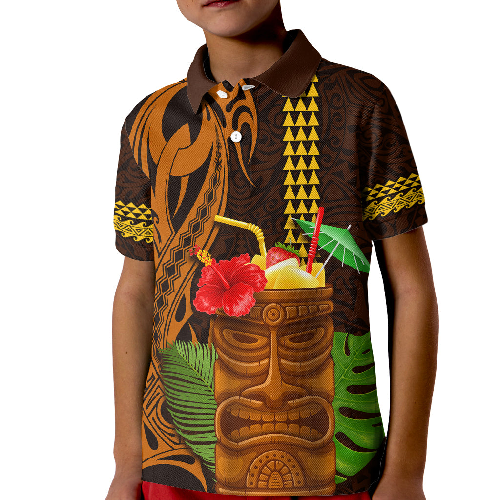 Hawaii Tiki Mask Cocktail Kid Polo Shirt Kakau Tattoo LT03 Kid Brown - Polynesian Pride