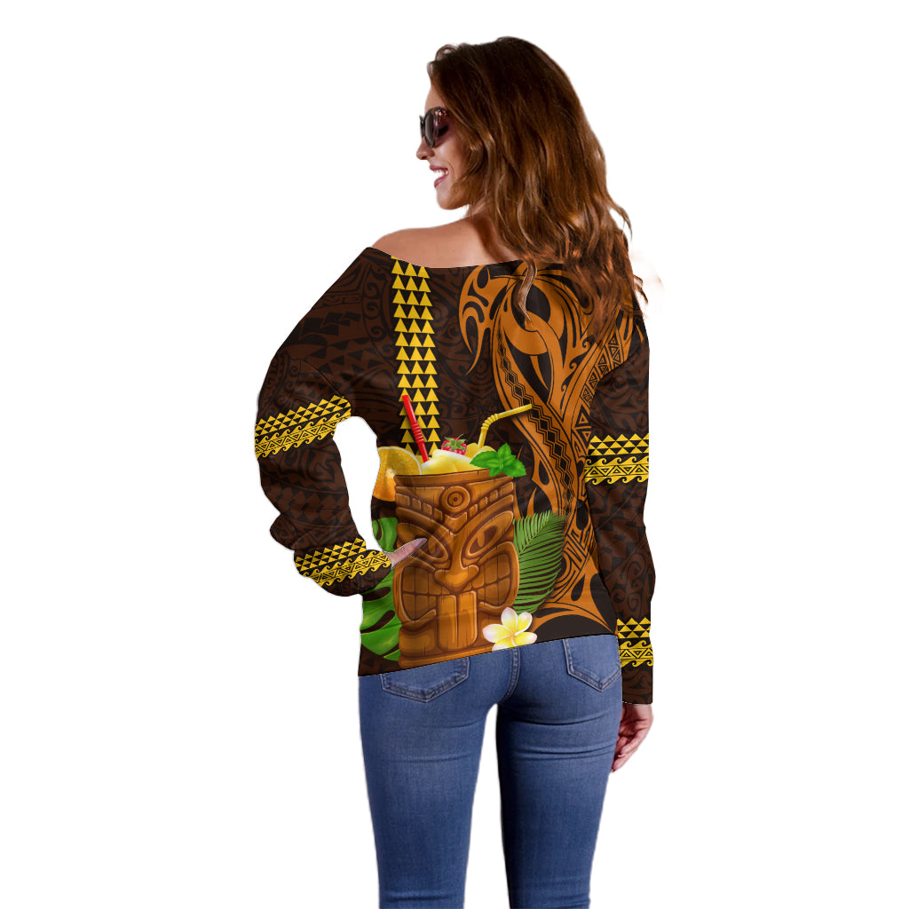 Hawaii Tiki Mask Cocktail Off Shoulder Sweater Kakau Tattoo LT03 - Polynesian Pride