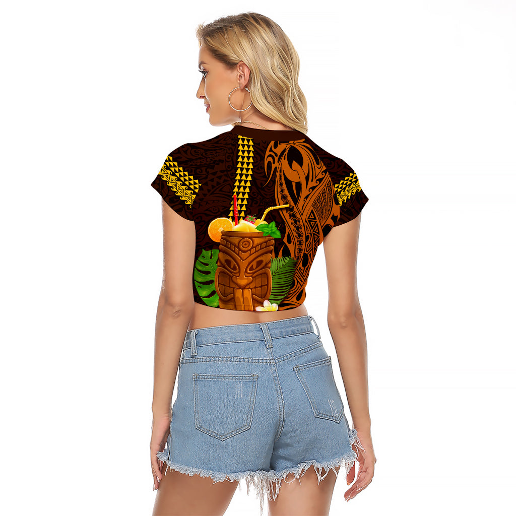 Hawaii Tiki Mask Cocktail Raglan Cropped T Shirt Kakau Tattoo LT03 - Polynesian Pride