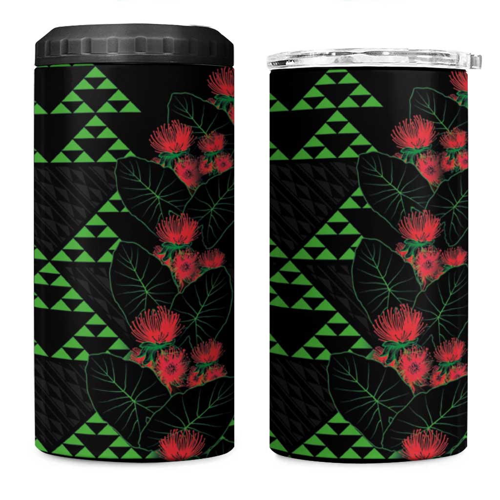 Hawaiian Green Kakau Art Tattoo-Ohia Lehua and Taro Leaves 4 in 1 Can Cooler Tumbler LT03 One Size: 16 oz Black-Green - Polynesian Pride
