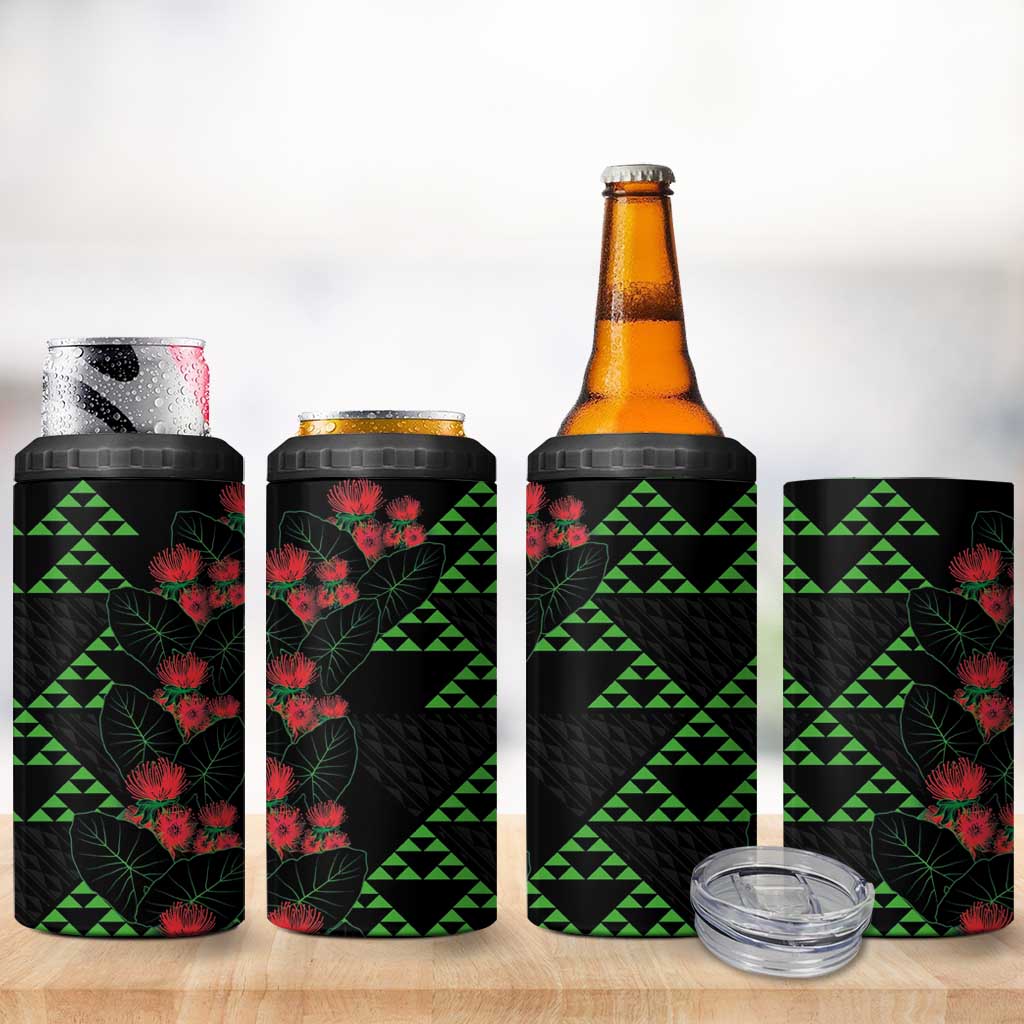 Hawaiian Green Kakau Art Tattoo-Ohia Lehua and Taro Leaves 4 in 1 Can Cooler Tumbler LT03 - Polynesian Pride