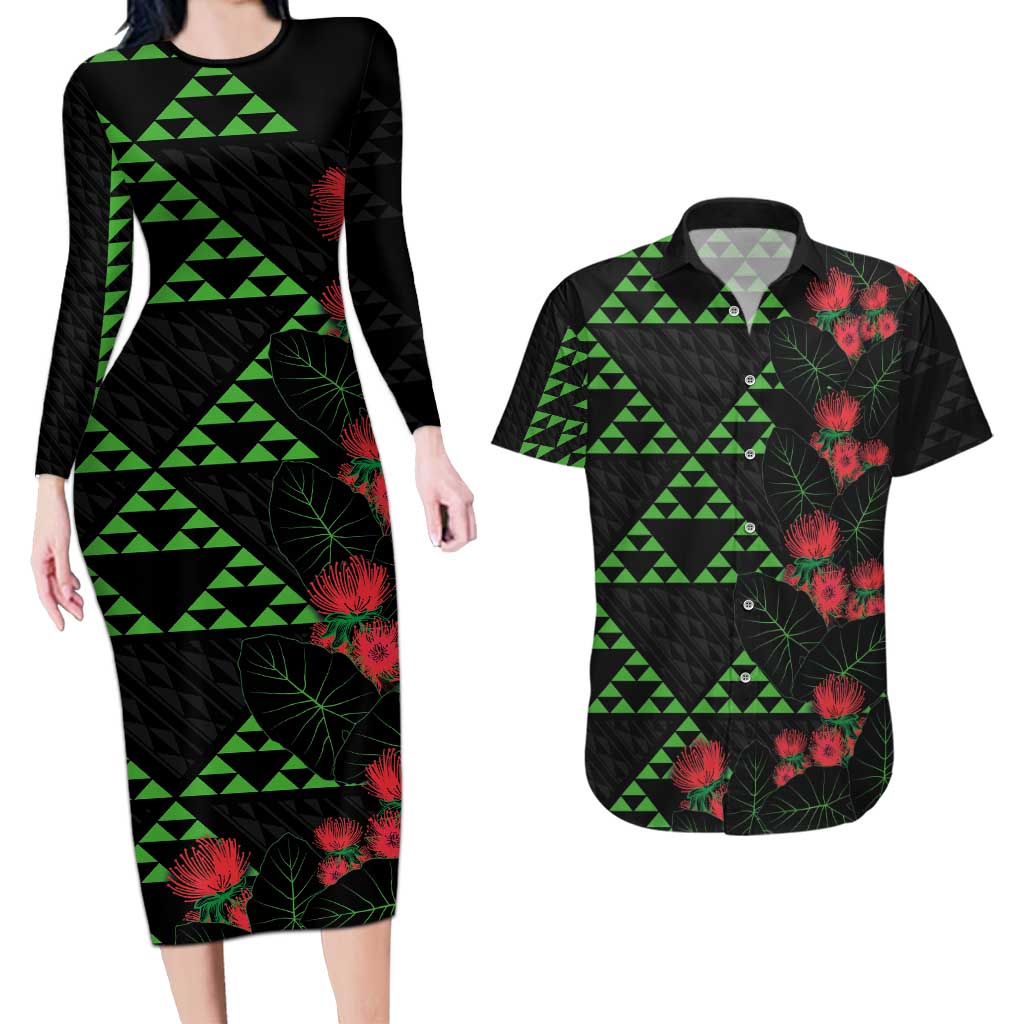 Hawaiian Green Kakau Art Tattoo-Ohia Lehua and Taro Leaves Couples Matching Long Sleeve Bodycon Dress and Hawaiian Shirt LT03 Black-Green - Polynesian Pride