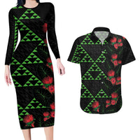 Hawaiian Green Kakau Art Tattoo-Ohia Lehua and Taro Leaves Couples Matching Long Sleeve Bodycon Dress and Hawaiian Shirt LT03 Black-Green - Polynesian Pride