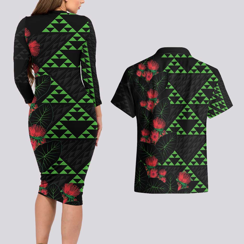 Hawaiian Green Kakau Art Tattoo-Ohia Lehua and Taro Leaves Couples Matching Long Sleeve Bodycon Dress and Hawaiian Shirt LT03 - Polynesian Pride