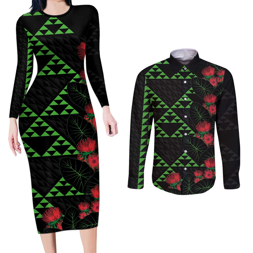 Hawaiian Green Kakau Art Tattoo-Ohia Lehua and Taro Leaves Couples Matching Long Sleeve Bodycon Dress and Long Sleeve Button Shirt LT03 Black-Green - Polynesian Pride