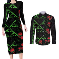 Hawaiian Green Kakau Art Tattoo-Ohia Lehua and Taro Leaves Couples Matching Long Sleeve Bodycon Dress and Long Sleeve Button Shirt LT03 Black-Green - Polynesian Pride