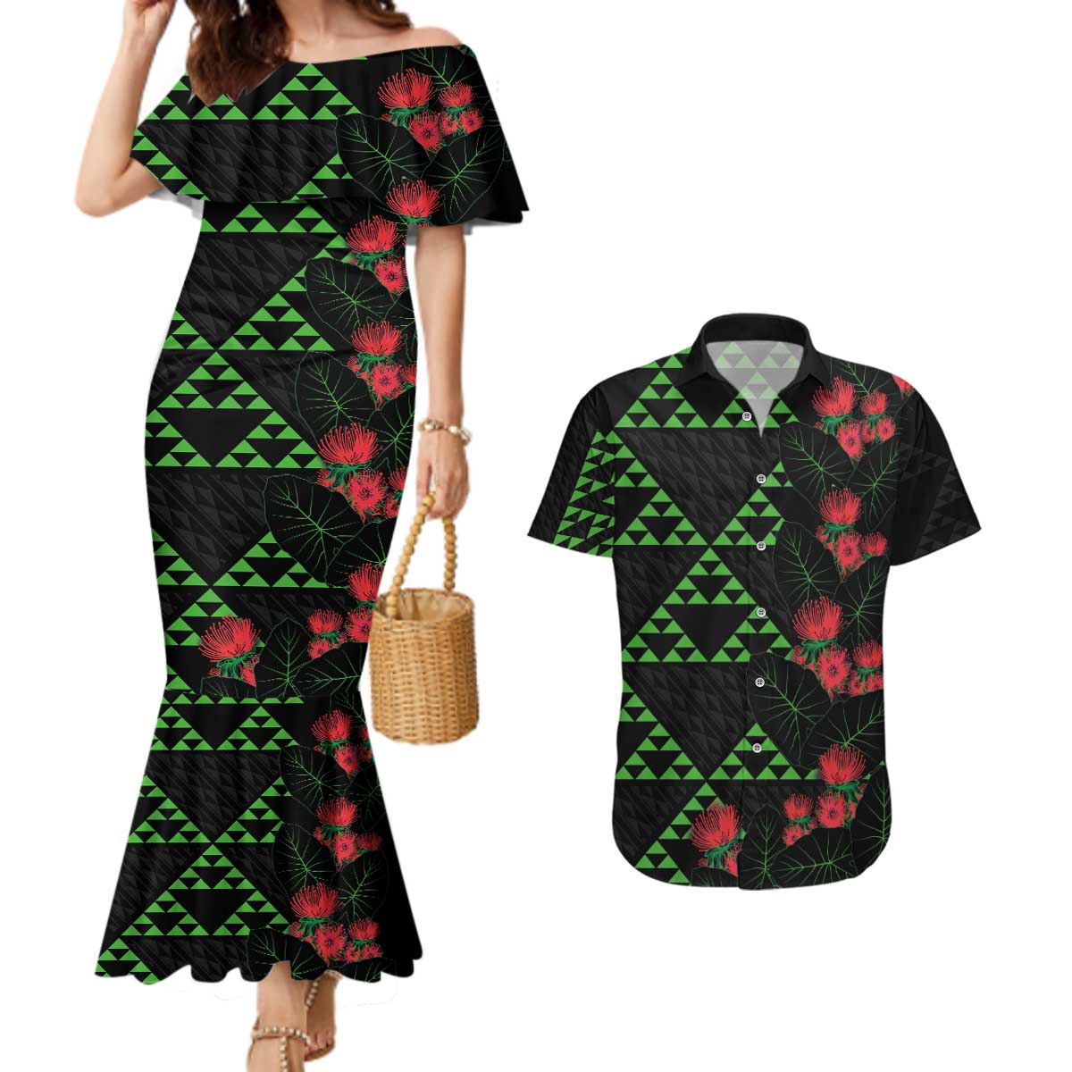 Hawaiian Green Kakau Art Tattoo-Ohia Lehua and Taro Leaves Couples Matching Mermaid Dress and Hawaiian Shirt LT03 Black-Green - Polynesian Pride