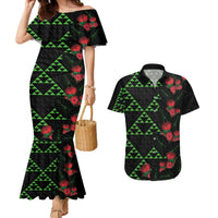 Hawaiian Green Kakau Art Tattoo-Ohia Lehua and Taro Leaves Couples Matching Mermaid Dress and Hawaiian Shirt LT03 Black-Green - Polynesian Pride