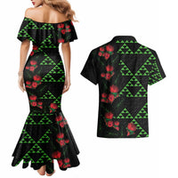 Hawaiian Green Kakau Art Tattoo-Ohia Lehua and Taro Leaves Couples Matching Mermaid Dress and Hawaiian Shirt LT03 - Polynesian Pride