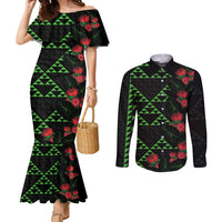 Hawaiian Green Kakau Art Tattoo-Ohia Lehua and Taro Leaves Couples Matching Mermaid Dress and Long Sleeve Button Shirt LT03 Black-Green - Polynesian Pride