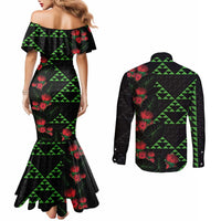 Hawaiian Green Kakau Art Tattoo-Ohia Lehua and Taro Leaves Couples Matching Mermaid Dress and Long Sleeve Button Shirt LT03 - Polynesian Pride
