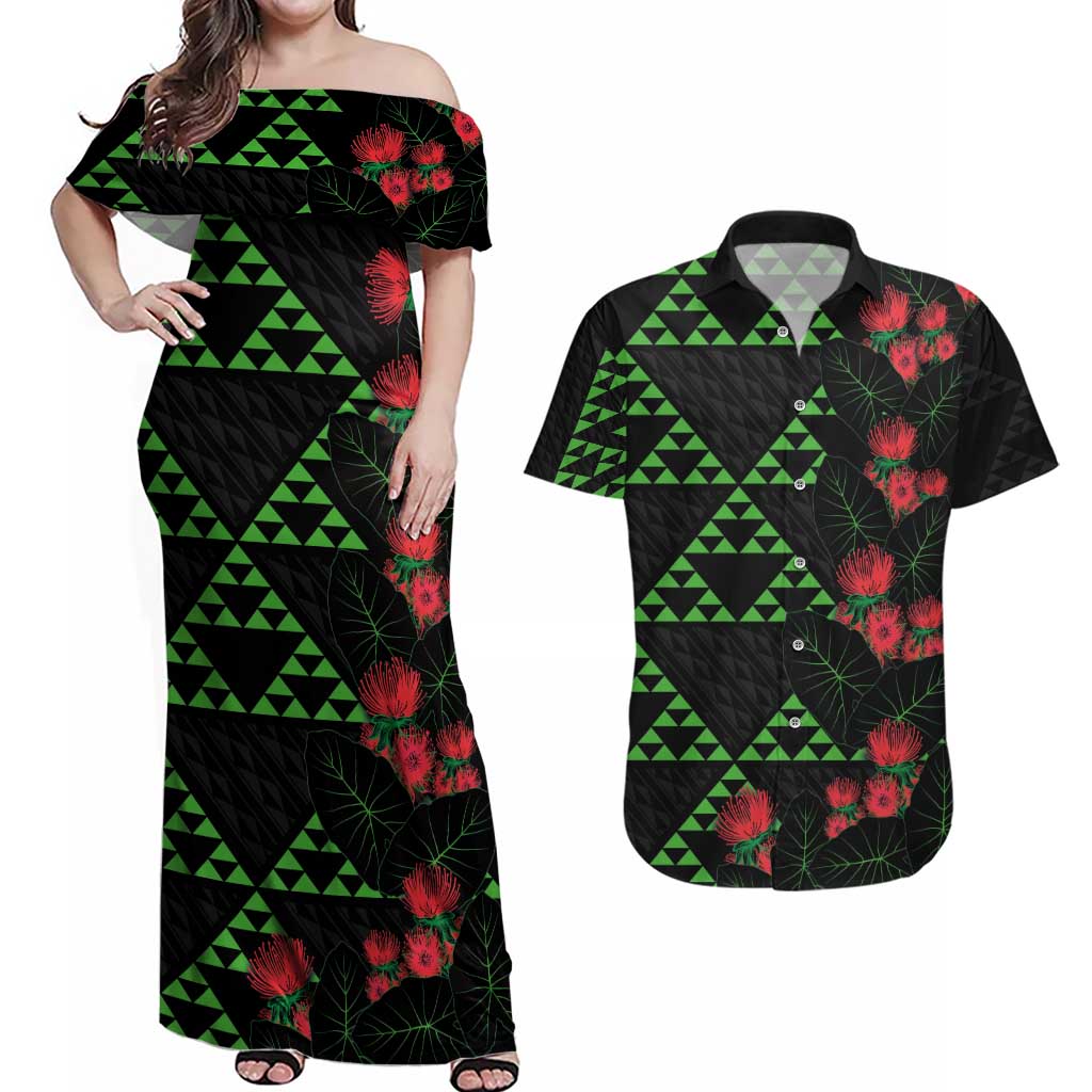Hawaiian Green Kakau Art Tattoo-Ohia Lehua and Taro Leaves Couples Matching Off Shoulder Maxi Dress and Hawaiian Shirt LT03 Black-Green - Polynesian Pride