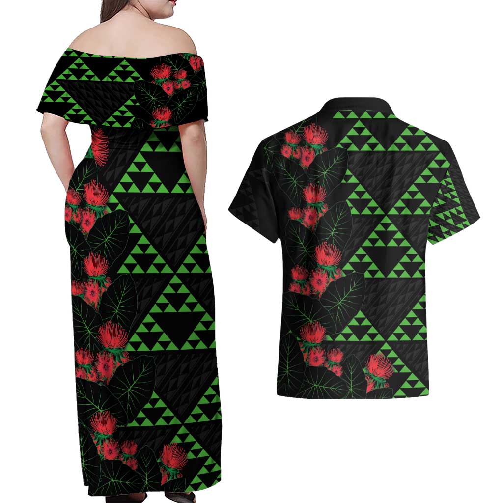 Hawaiian Green Kakau Art Tattoo-Ohia Lehua and Taro Leaves Couples Matching Off Shoulder Maxi Dress and Hawaiian Shirt LT03 - Polynesian Pride