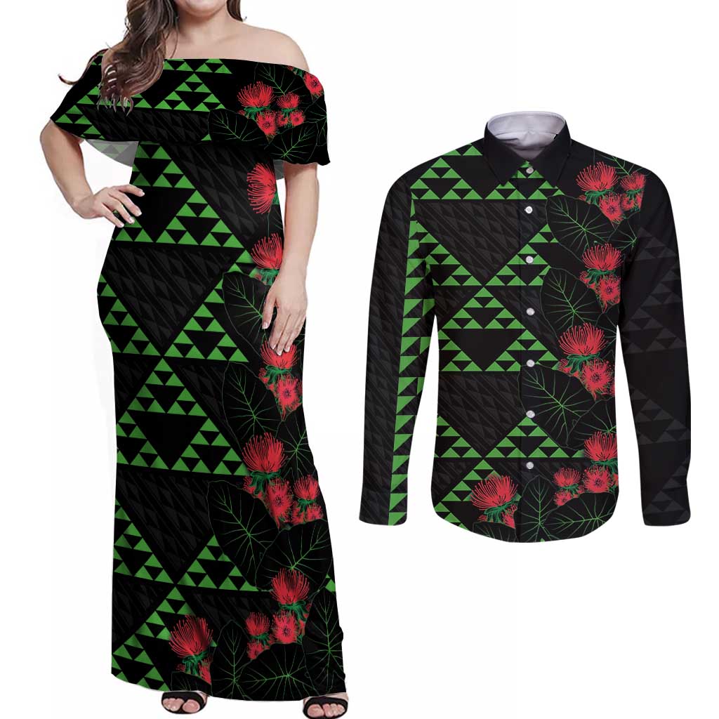 Hawaiian Green Kakau Art Tattoo-Ohia Lehua and Taro Leaves Couples Matching Off Shoulder Maxi Dress and Long Sleeve Button Shirt LT03 Black-Green - Polynesian Pride