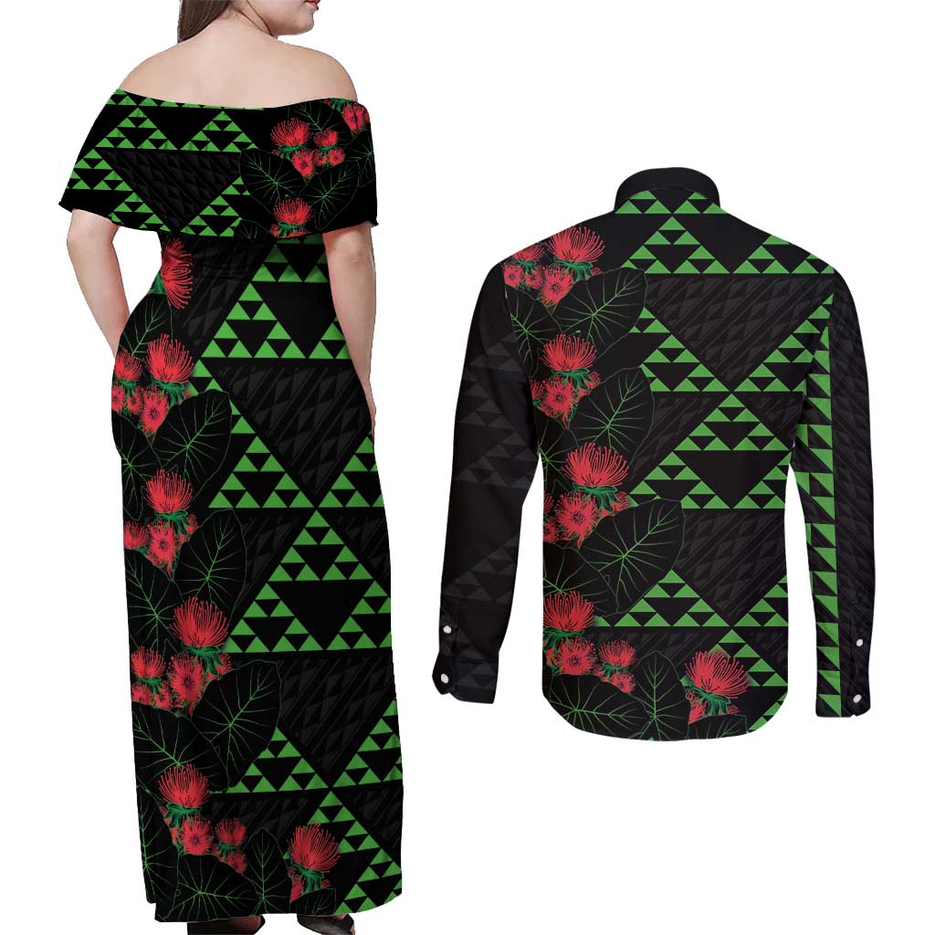 Hawaiian Green Kakau Art Tattoo-Ohia Lehua and Taro Leaves Couples Matching Off Shoulder Maxi Dress and Long Sleeve Button Shirt LT03 - Polynesian Pride