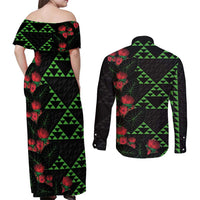 Hawaiian Green Kakau Art Tattoo-Ohia Lehua and Taro Leaves Couples Matching Off Shoulder Maxi Dress and Long Sleeve Button Shirt LT03 - Polynesian Pride