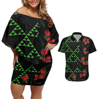 Hawaiian Green Kakau Art Tattoo-Ohia Lehua and Taro Leaves Couples Matching Off Shoulder Short Dress and Hawaiian Shirt LT03 Black-Green - Polynesian Pride