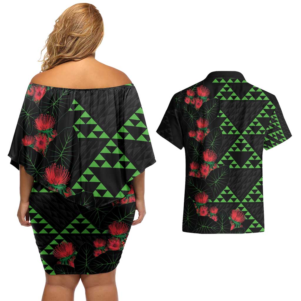 Hawaiian Green Kakau Art Tattoo-Ohia Lehua and Taro Leaves Couples Matching Off Shoulder Short Dress and Hawaiian Shirt LT03 - Polynesian Pride