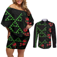 Hawaiian Green Kakau Art Tattoo-Ohia Lehua and Taro Leaves Couples Matching Off Shoulder Short Dress and Long Sleeve Button Shirt LT03 Black-Green - Polynesian Pride