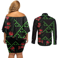 Hawaiian Green Kakau Art Tattoo-Ohia Lehua and Taro Leaves Couples Matching Off Shoulder Short Dress and Long Sleeve Button Shirt LT03 - Polynesian Pride
