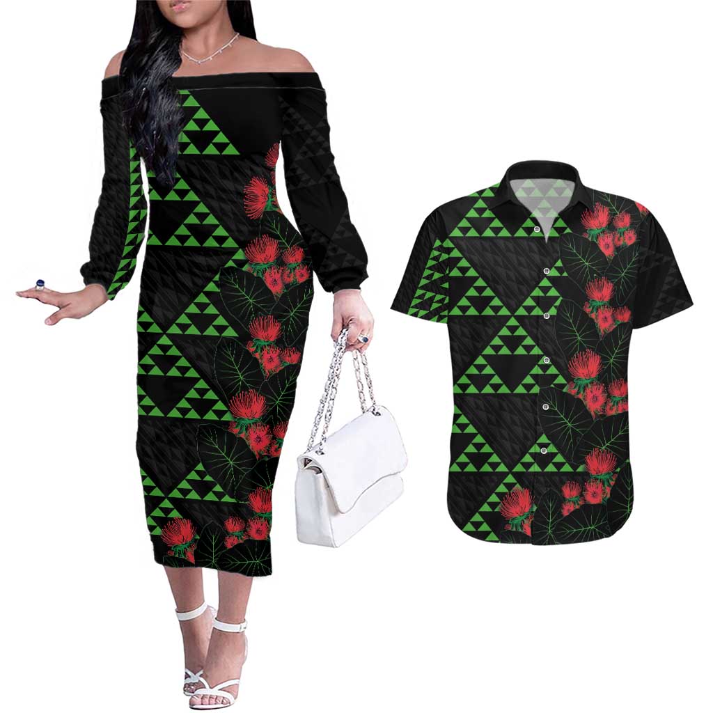 Hawaiian Green Kakau Art Tattoo-Ohia Lehua and Taro Leaves Couples Matching Off The Shoulder Long Sleeve Dress and Hawaiian Shirt LT03 Black-Green - Polynesian Pride