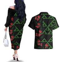 Hawaiian Green Kakau Art Tattoo-Ohia Lehua and Taro Leaves Couples Matching Off The Shoulder Long Sleeve Dress and Hawaiian Shirt LT03 - Polynesian Pride
