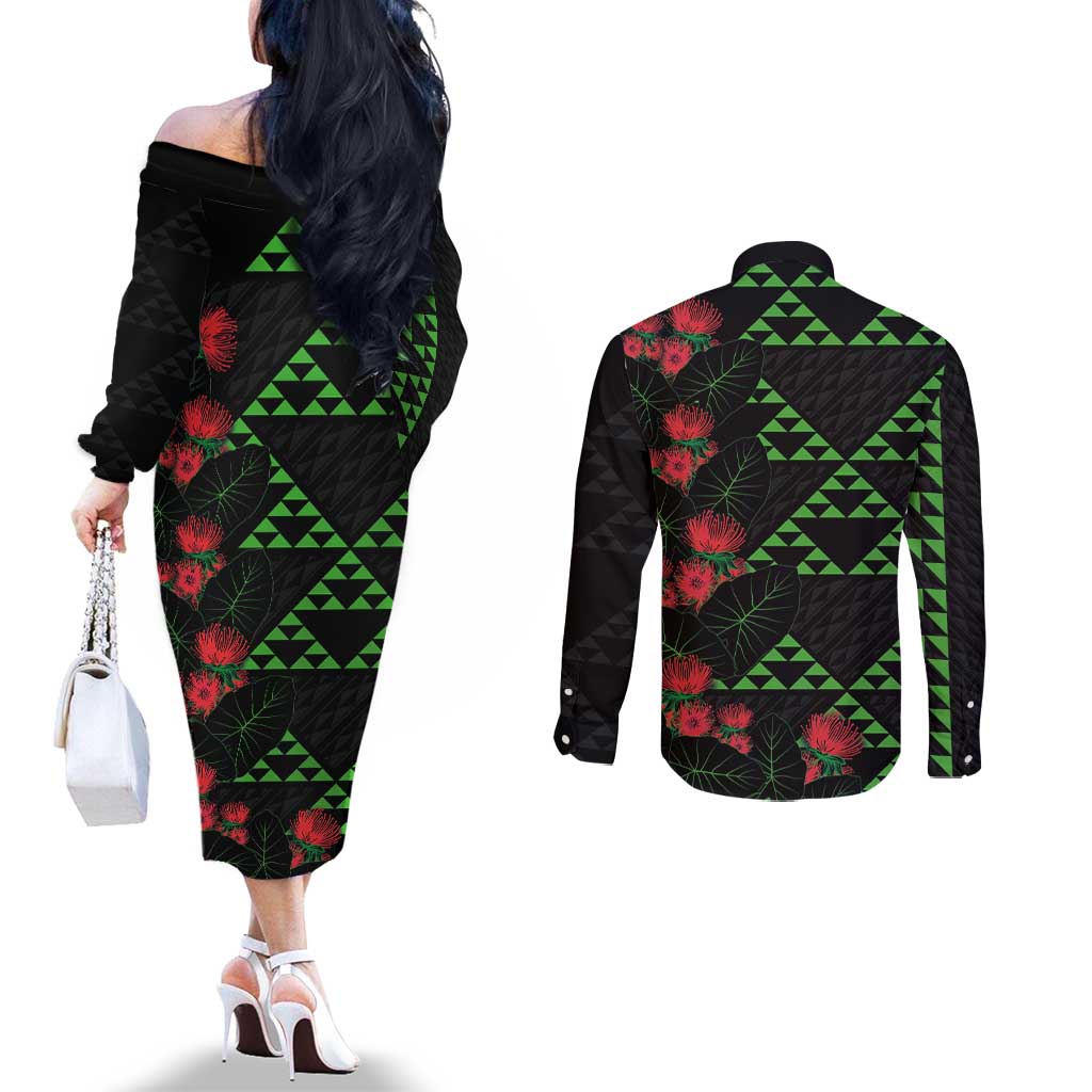 Hawaiian Green Kakau Art Tattoo-Ohia Lehua and Taro Leaves Couples Matching Off The Shoulder Long Sleeve Dress and Long Sleeve Button Shirt LT03 - Polynesian Pride