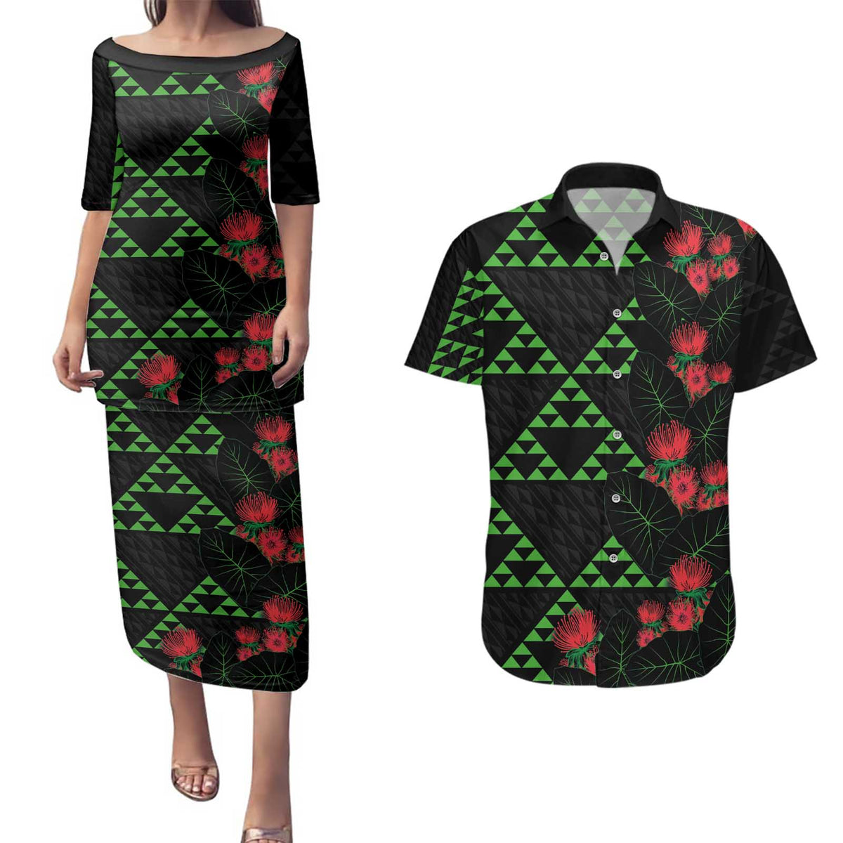 Hawaiian Green Kakau Art Tattoo-Ohia Lehua and Taro Leaves Couples Matching Puletasi and Hawaiian Shirt LT03 Black-Green - Polynesian Pride