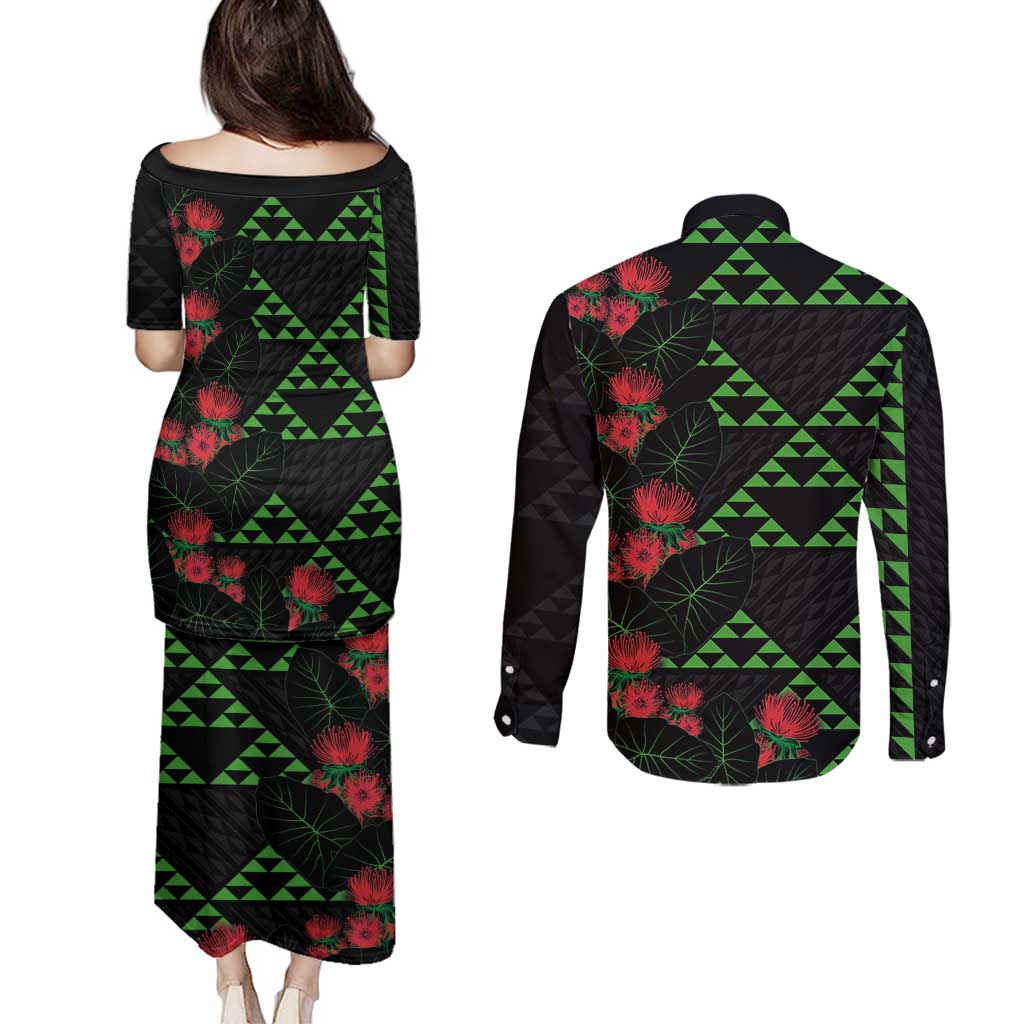 Hawaiian Green Kakau Art Tattoo-Ohia Lehua and Taro Leaves Couples Matching Puletasi and Long Sleeve Button Shirt LT03 - Polynesian Pride