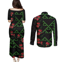 Hawaiian Green Kakau Art Tattoo-Ohia Lehua and Taro Leaves Couples Matching Puletasi and Long Sleeve Button Shirt LT03 - Polynesian Pride
