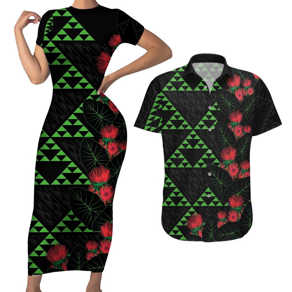 Hawaiian Green Kakau Art Tattoo-Ohia Lehua and Taro Leaves Couples Matching Short Sleeve Bodycon Dress and Hawaiian Shirt LT03 Black-Green - Polynesian Pride
