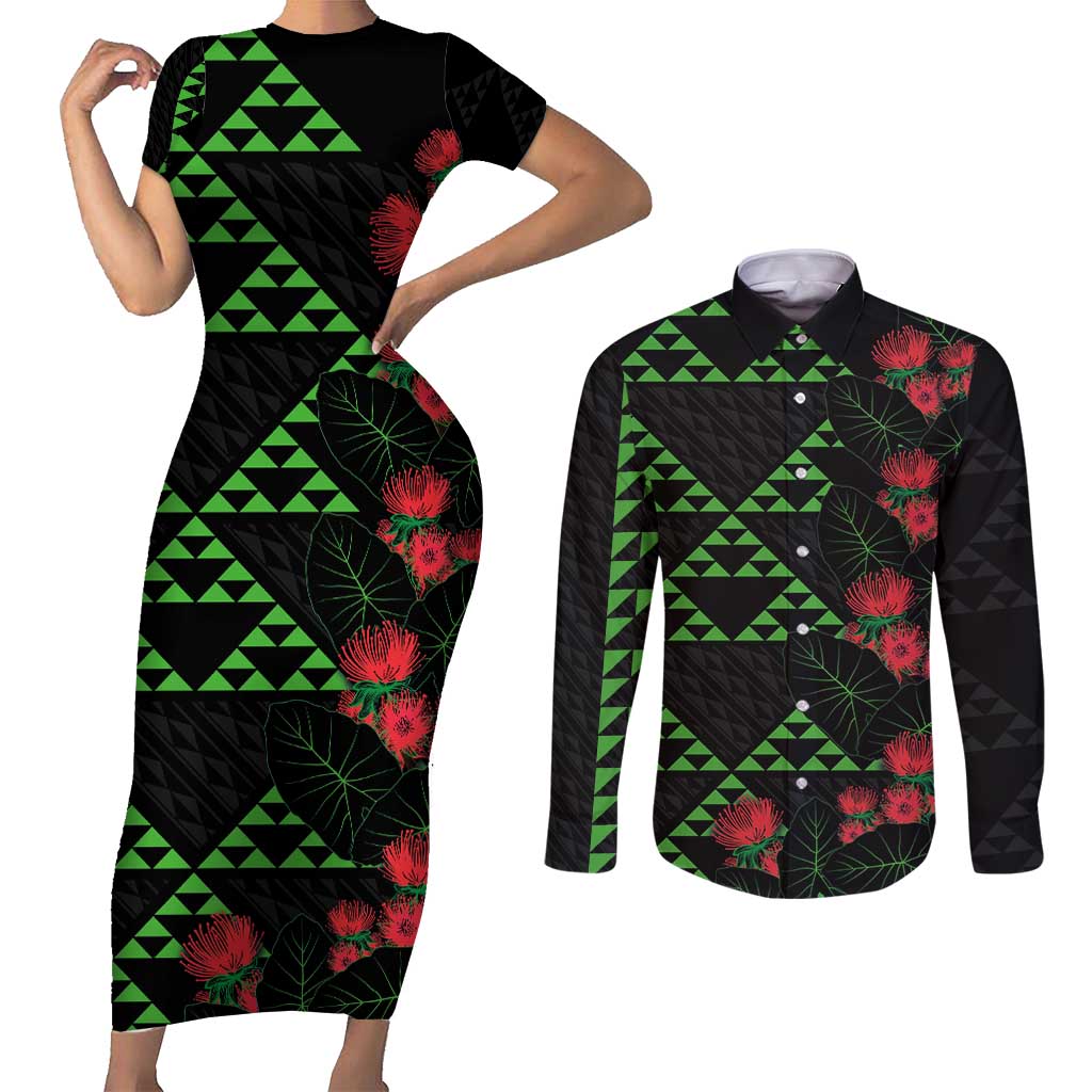 Hawaiian Green Kakau Art Tattoo-Ohia Lehua and Taro Leaves Couples Matching Short Sleeve Bodycon Dress and Long Sleeve Button Shirt LT03 Black-Green - Polynesian Pride