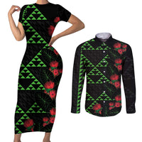 Hawaiian Green Kakau Art Tattoo-Ohia Lehua and Taro Leaves Couples Matching Short Sleeve Bodycon Dress and Long Sleeve Button Shirt LT03 Black-Green - Polynesian Pride