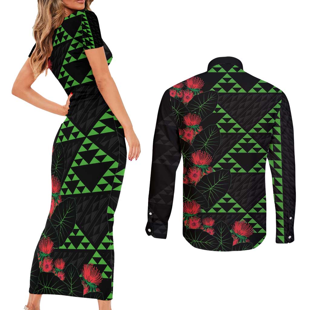 Hawaiian Green Kakau Art Tattoo-Ohia Lehua and Taro Leaves Couples Matching Short Sleeve Bodycon Dress and Long Sleeve Button Shirt LT03 - Polynesian Pride