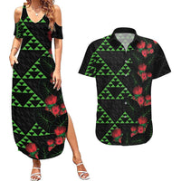 Hawaiian Green Kakau Art Tattoo-Ohia Lehua and Taro Leaves Couples Matching Summer Maxi Dress and Hawaiian Shirt LT03 Black-Green - Polynesian Pride